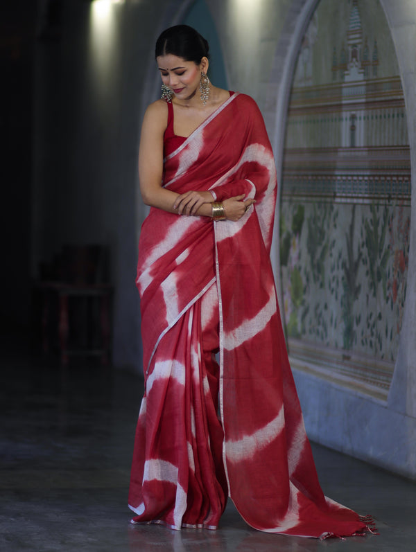Bhagalpuri Handloom Pure Linen Cotton Hand Dyed Saree With Silver Zari Border-Red & White