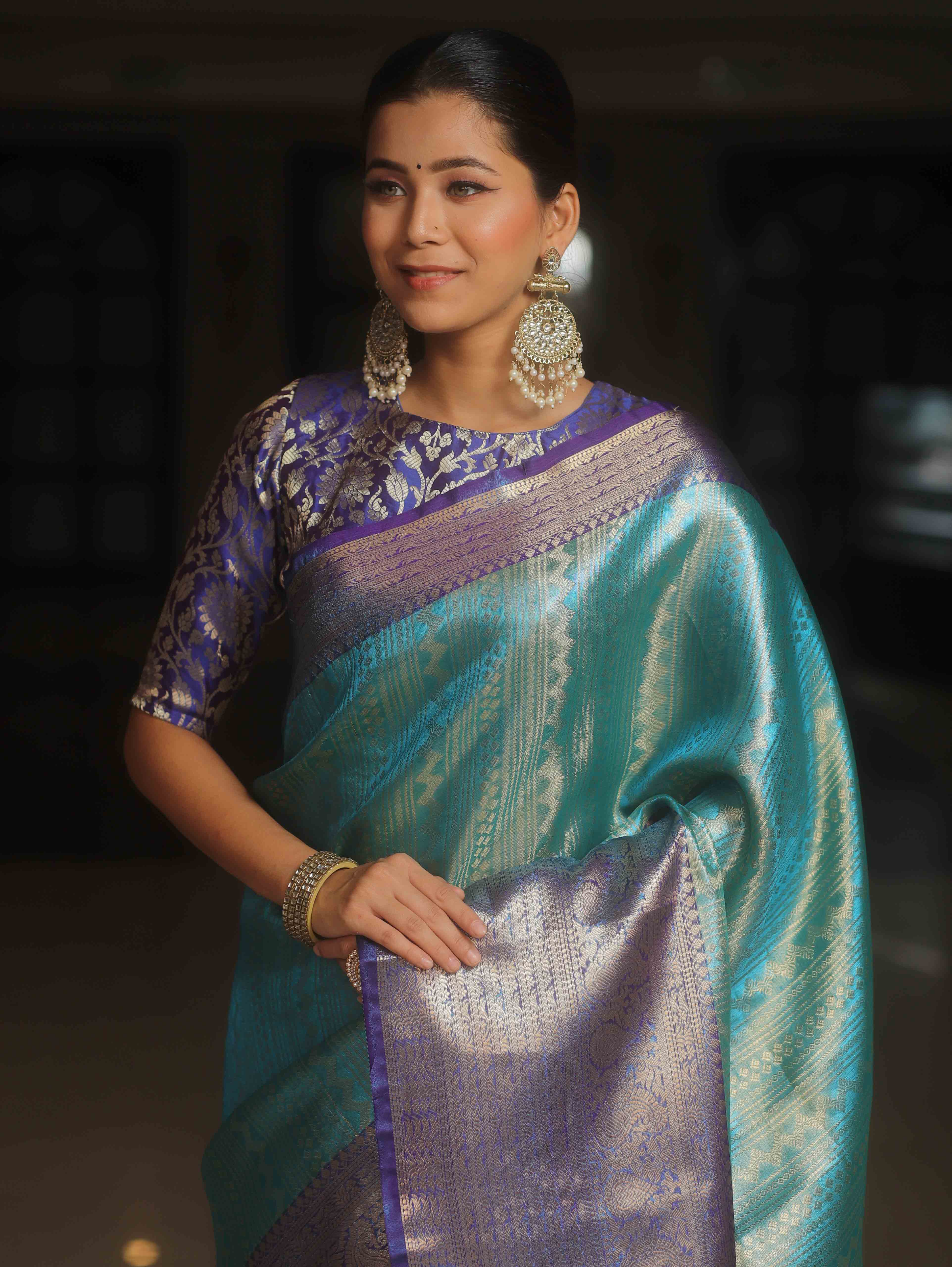 Banarasee Handwoven Broad Border Zari Design Tissue Saree-Blue