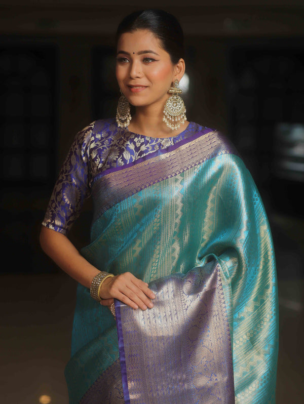 Banarasee Handwoven Broad Border Zari Design Tissue Saree-Blue