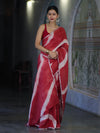 Bhagalpuri Handloom Pure Linen Cotton Hand Dyed Saree With Silver Zari Border-Red & White