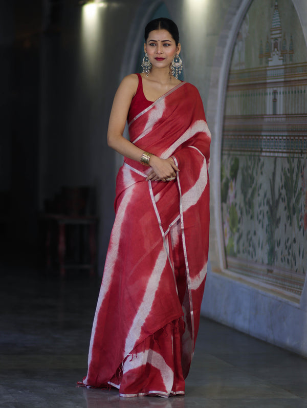 Bhagalpuri Handloom Pure Linen Cotton Hand Dyed Saree With Silver Zari Border-Red & White