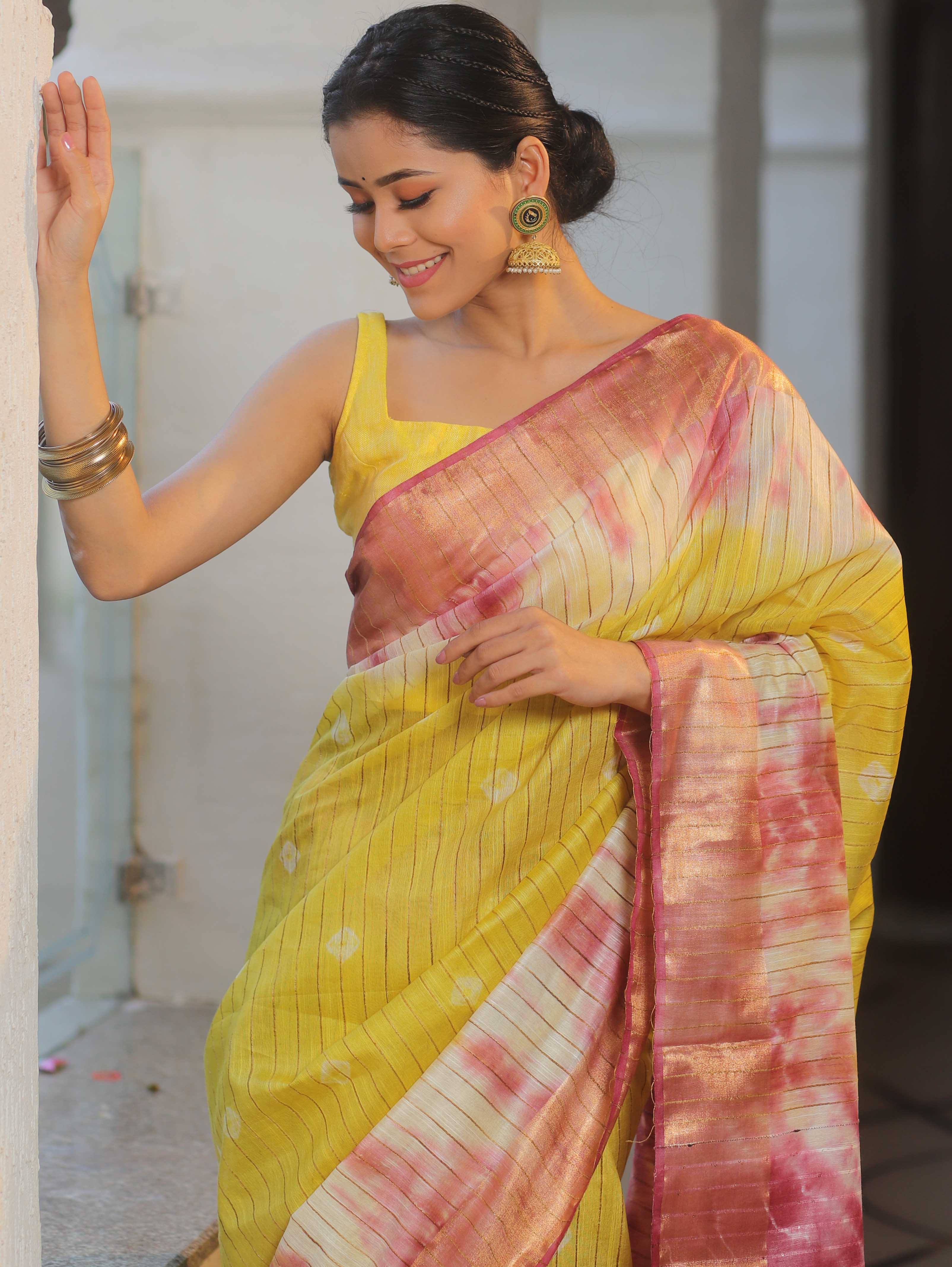 Bhagalpur Cotton Silk Ghichha Work Hand-Dyed Shibori Pattern Saree-Multicolor