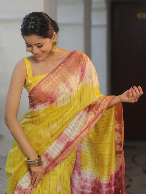 Bhagalpur Cotton Silk Ghichha Work Hand-Dyed Shibori Pattern Saree-Multicolor