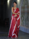 Bhagalpuri Handloom Pure Linen Cotton Hand Dyed Saree With Silver Zari Border-Red & White