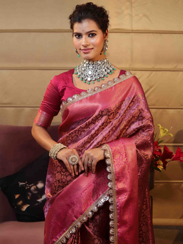 Banarasee Handwoven Semi Silk Saree With Zari Jaal Design Contrast Border & Lace-Magenta
