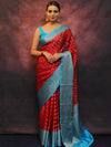 Banarasee Handwoven Semi Silk Saree With Zari & Contrast Border-Red & Blue