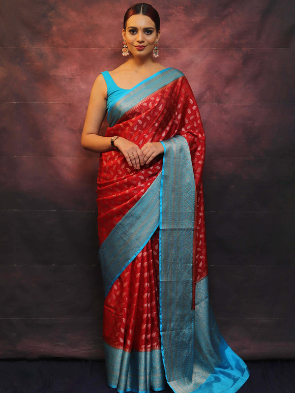 Banarasee Handwoven Semi Silk Saree With Zari & Contrast Border-Red & Blue