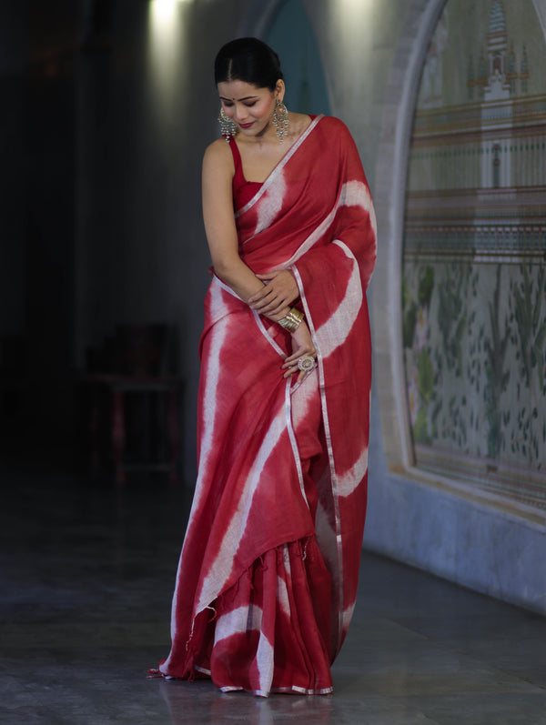 Bhagalpuri Handloom Pure Linen Cotton Hand Dyed Saree With Silver Zari Border-Red & White