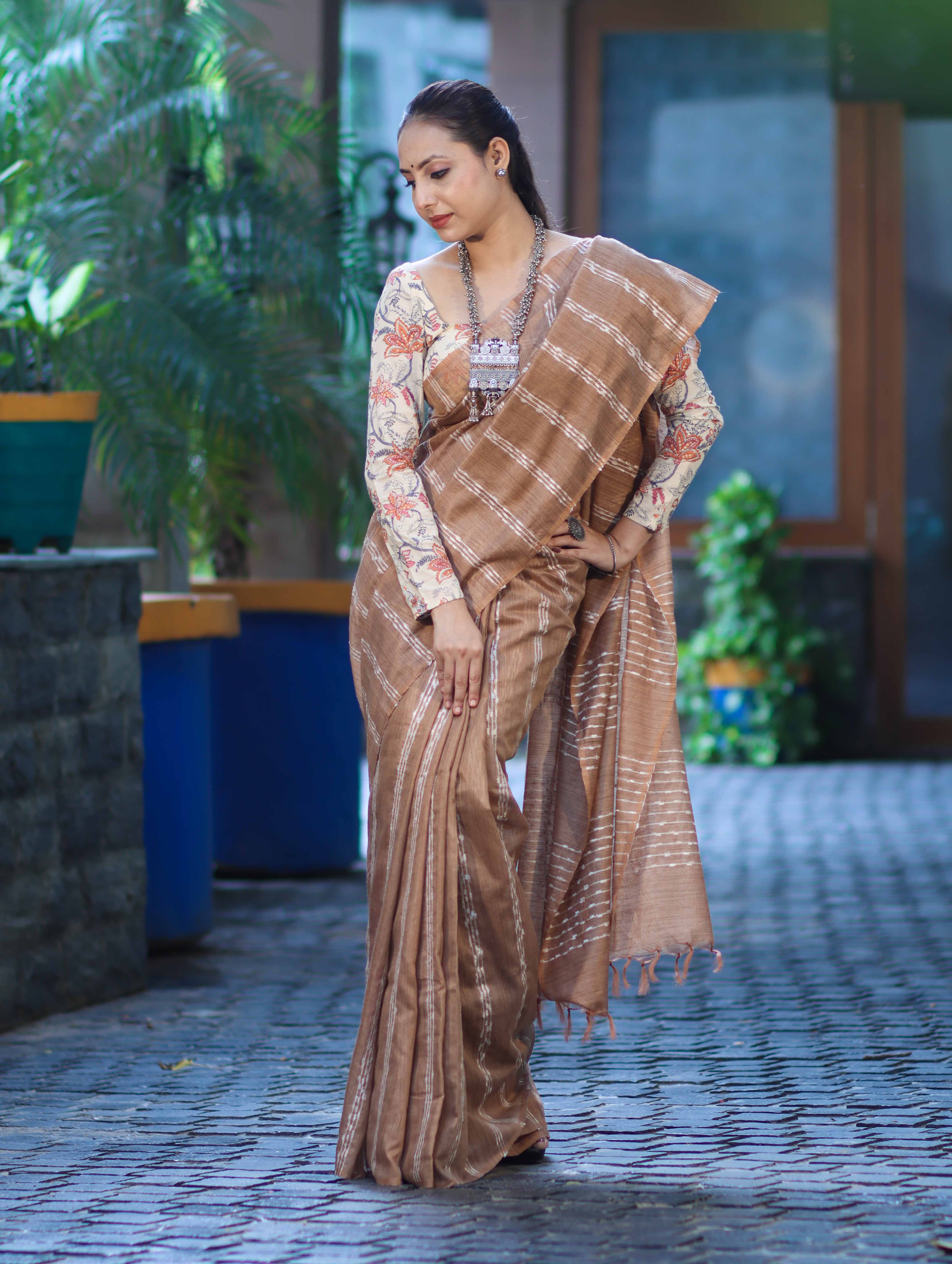 Bhagalpuri Handloom Cotton Silk Saree With Stripe Design-Light Brown