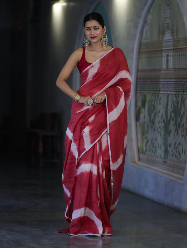 Bhagalpuri Handloom Pure Linen Cotton Hand Dyed Saree With Silver Zari Border-Red & White