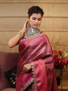 Banarasee Handwoven Semi Silk Saree With Zari Jaal Design Contrast Border & Lace-Magenta