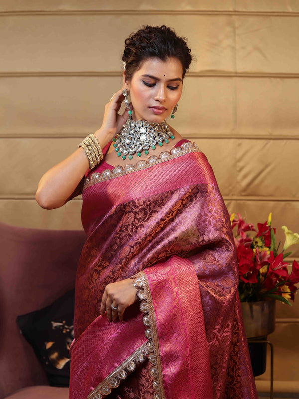 Banarasee Handwoven Semi Silk Saree With Zari Jaal Design Contrast Border & Lace-Magenta