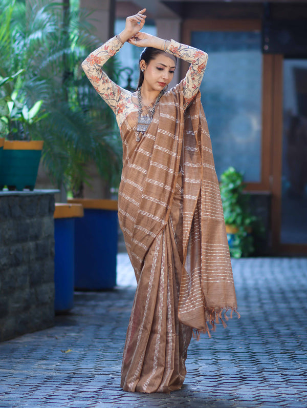 Bhagalpuri Handloom Cotton Silk Saree With Stripe Design-Light Brown
