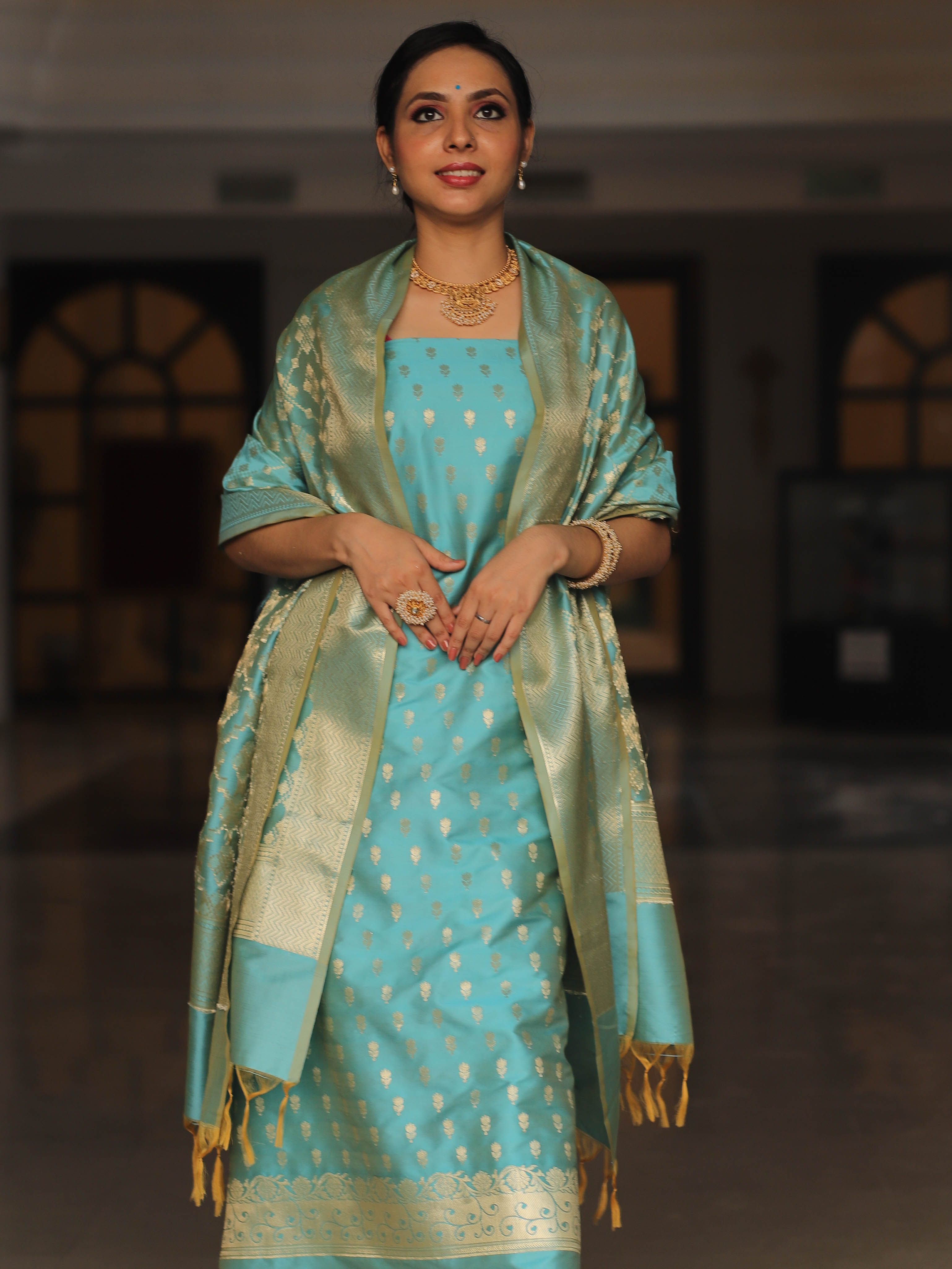 Banarasee Salwar Kameez Semi Katan Silk Fabric With Zari Work-Blue