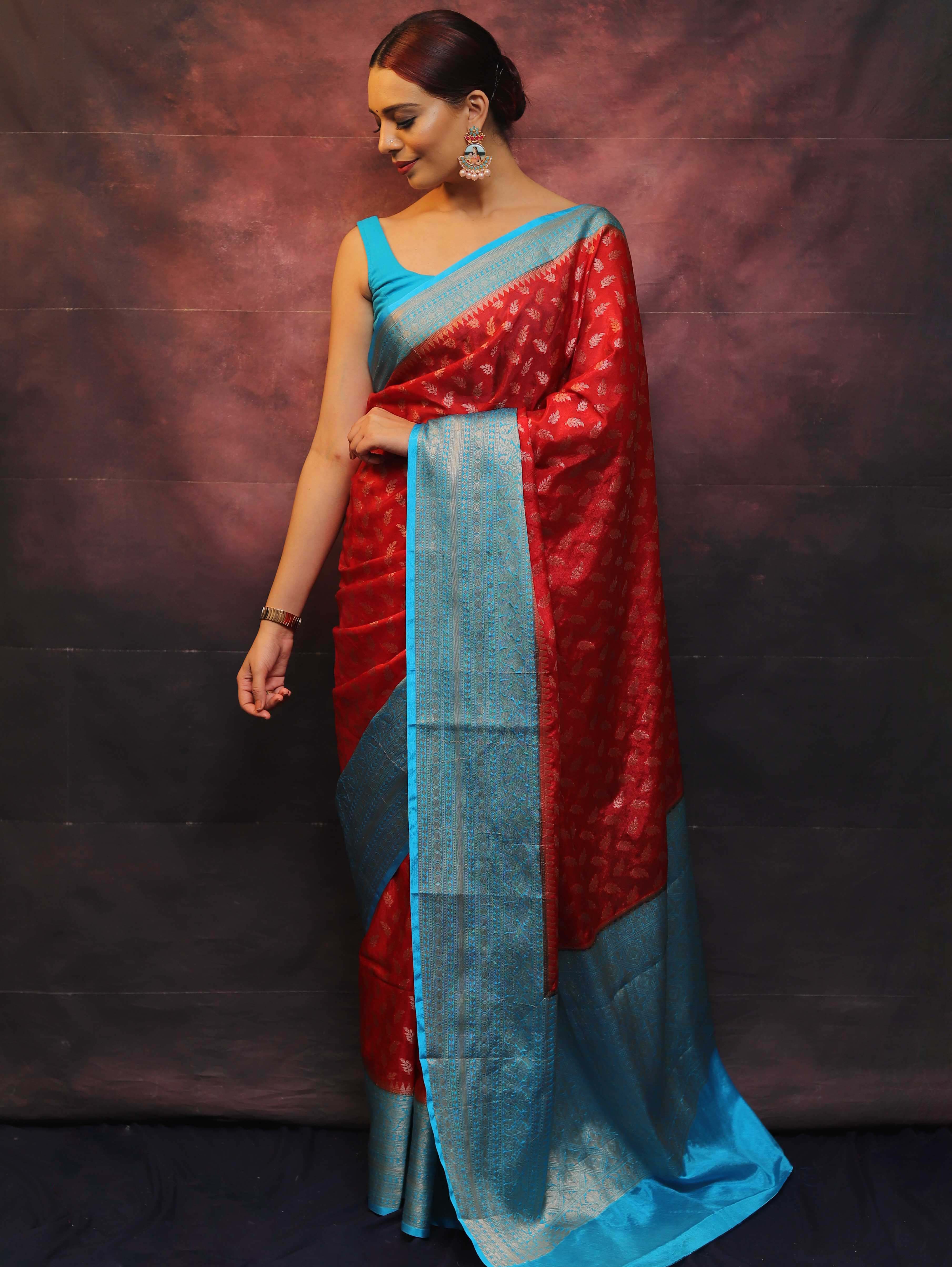 Banarasee Handwoven Semi Silk Saree With Zari & Contrast Border-Red & Blue