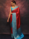 Banarasee Handwoven Semi Silk Saree With Zari & Contrast Border-Red & Blue