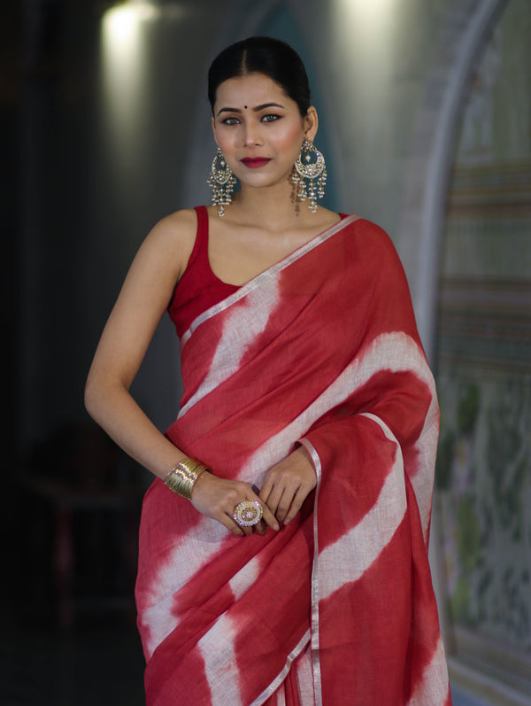Bhagalpuri Handloom Pure Linen Cotton Hand Dyed Saree With Silver Zari Border-Red & White