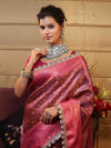Banarasee Handwoven Semi Silk Saree With Zari Jaal Design Contrast Border & Lace-Magenta