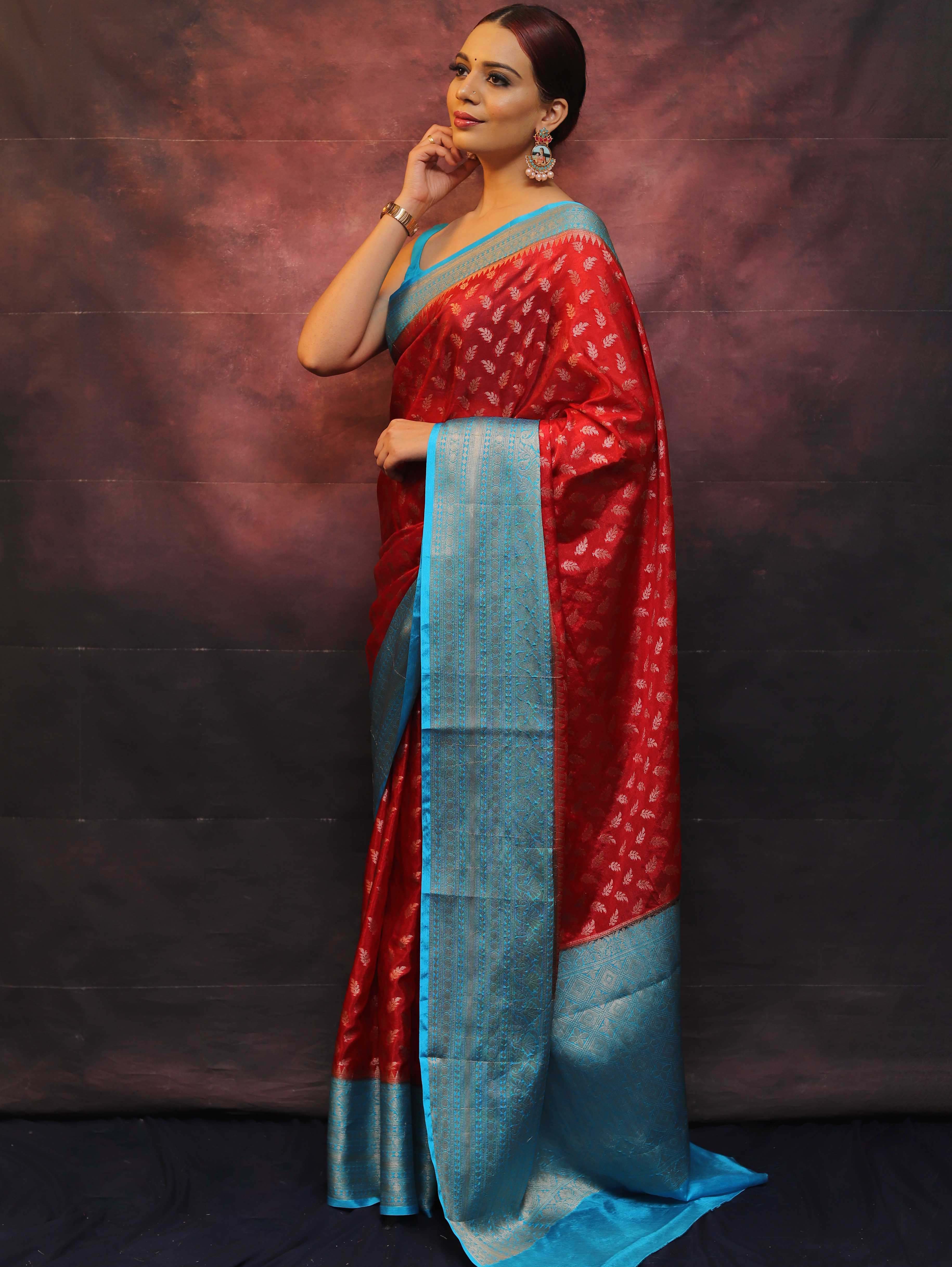 Banarasee Handwoven Semi Silk Saree With Zari & Contrast Border-Red & Blue
