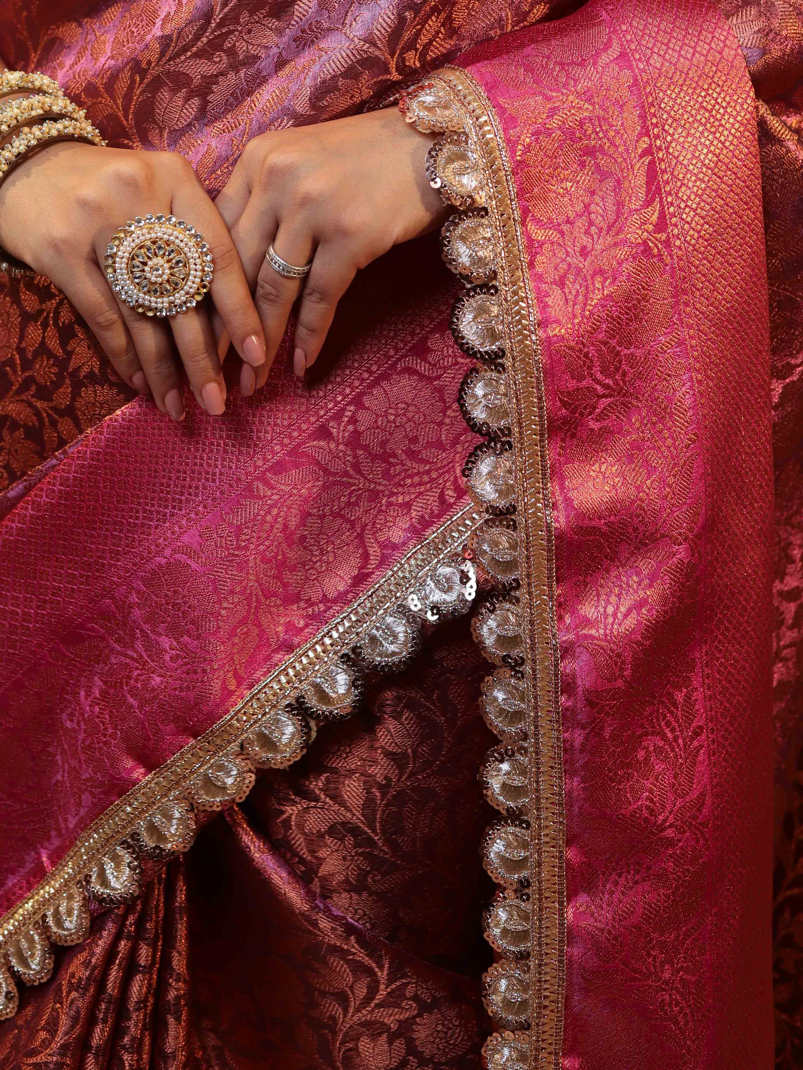 Banarasee Handwoven Semi Silk Saree With Zari Jaal Design Contrast Border & Lace-Magenta