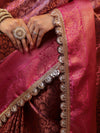 Banarasee Handwoven Semi Silk Saree With Zari Jaal Design Contrast Border & Lace-Magenta