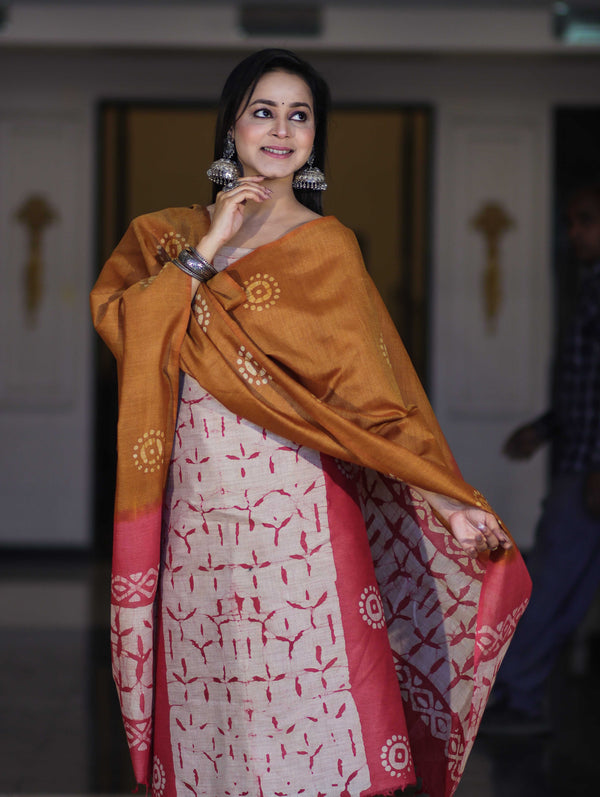 Pure Handloom Khadi Cotton Hand-Dyed Batik Pattern Salwar Kameez Dupatta Set-Dark Mustard & Pink