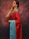 Banarasee Handwoven Semi Silk Saree With Zari & Contrast Border-Red & Blue