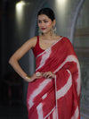 Bhagalpuri Handloom Pure Linen Cotton Hand Dyed Saree With Silver Zari Border-Red & White