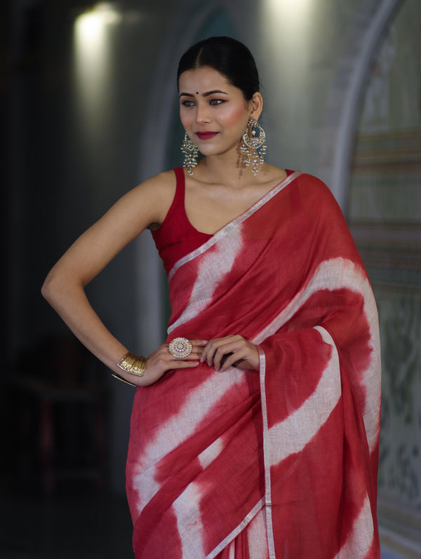 Bhagalpuri Handloom Pure Linen Cotton Hand Dyed Saree With Silver Zari Border-Red & White