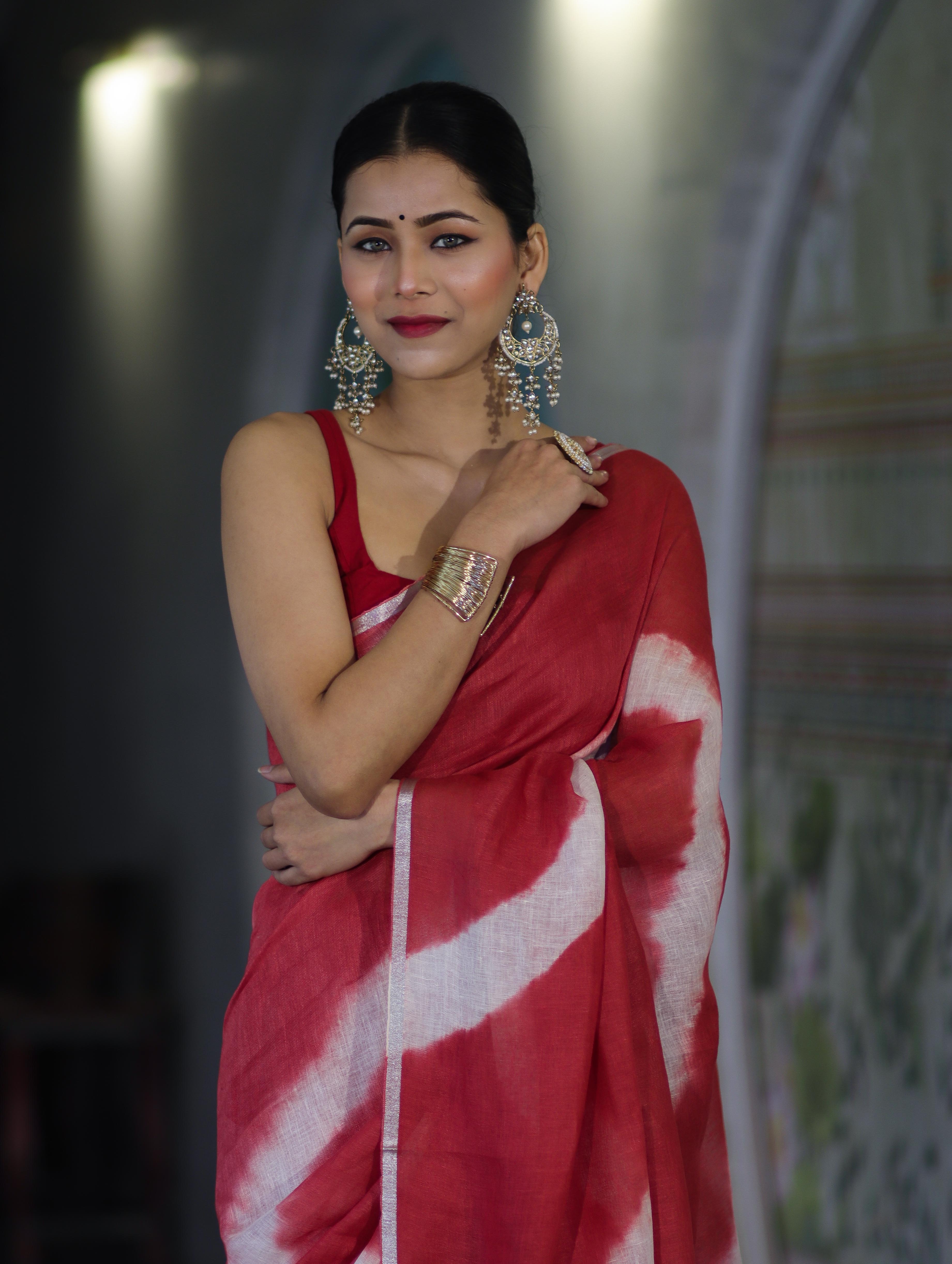 Bhagalpuri Handloom Pure Linen Cotton Hand Dyed Saree With Silver Zari Border-Red & White