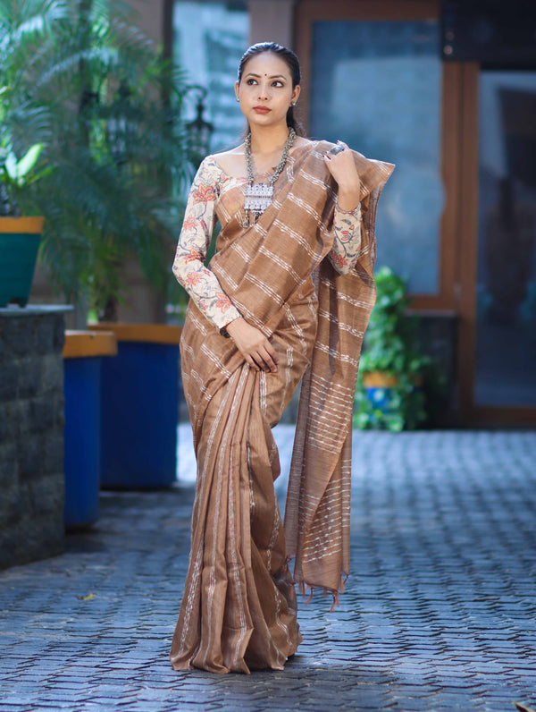 Bhagalpuri Handloom Cotton Silk Saree With Stripe Design-Light Brown