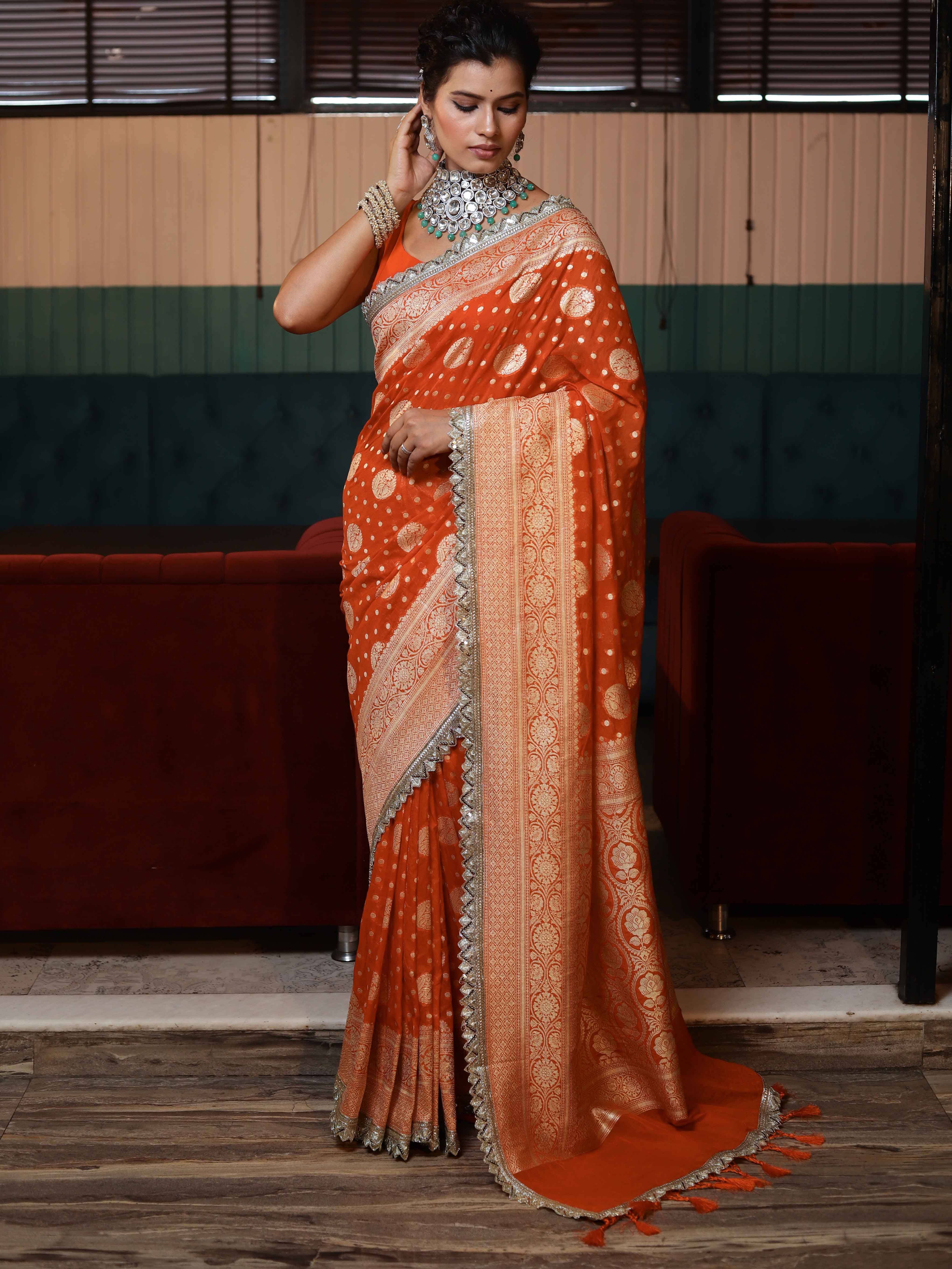 Banarasee Pure Chiffon Saree With Gold Zari Buti Design Border & Lace-Orange