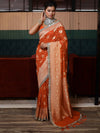 Banarasee Pure Chiffon Saree With Gold Zari Buti Design Border & Lace-Orange
