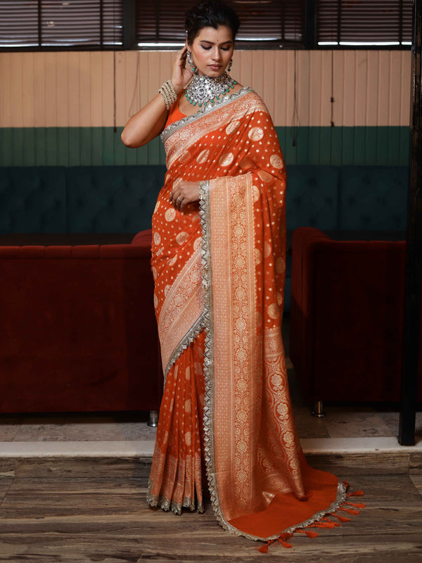 Banarasee Pure Chiffon Saree With Gold Zari Buti Design Border & Lace-Orange