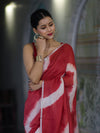 Bhagalpuri Handloom Pure Linen Cotton Hand Dyed Saree With Silver Zari Border-Red & White