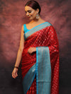 Banarasee Handwoven Semi Silk Saree With Zari & Contrast Border-Red & Blue