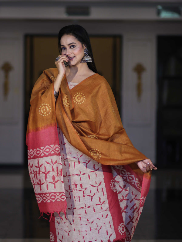 Pure Handloom Khadi Cotton Hand-Dyed Batik Pattern Salwar Kameez Dupatta Set-Dark Mustard & Pink