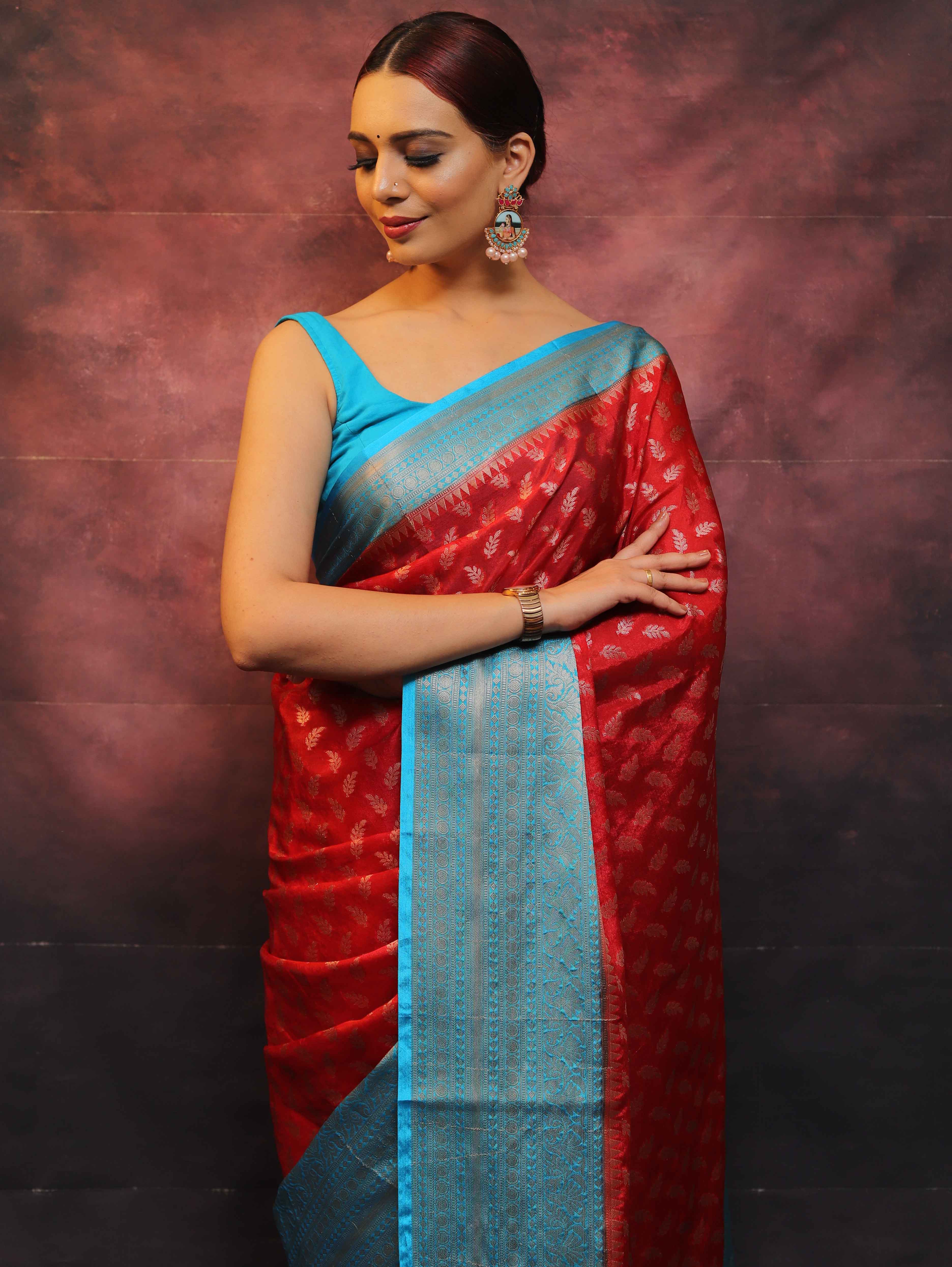 Banarasee Handwoven Semi Silk Saree With Zari & Contrast Border-Red & Blue