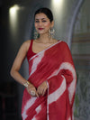 Bhagalpuri Handloom Pure Linen Cotton Hand Dyed Saree With Silver Zari Border-Red & White