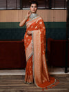 Banarasee Pure Chiffon Saree With Gold Zari Buti Design Border & Lace-Orange