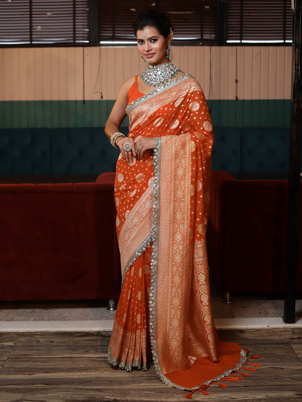 Banarasee Pure Chiffon Saree With Gold Zari Buti Design Border & Lace-Orange