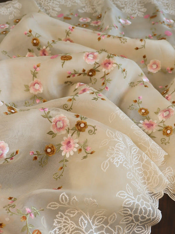 Banarasee Pure Organza Silk Saree With Floral Resham Embroidery-Cream