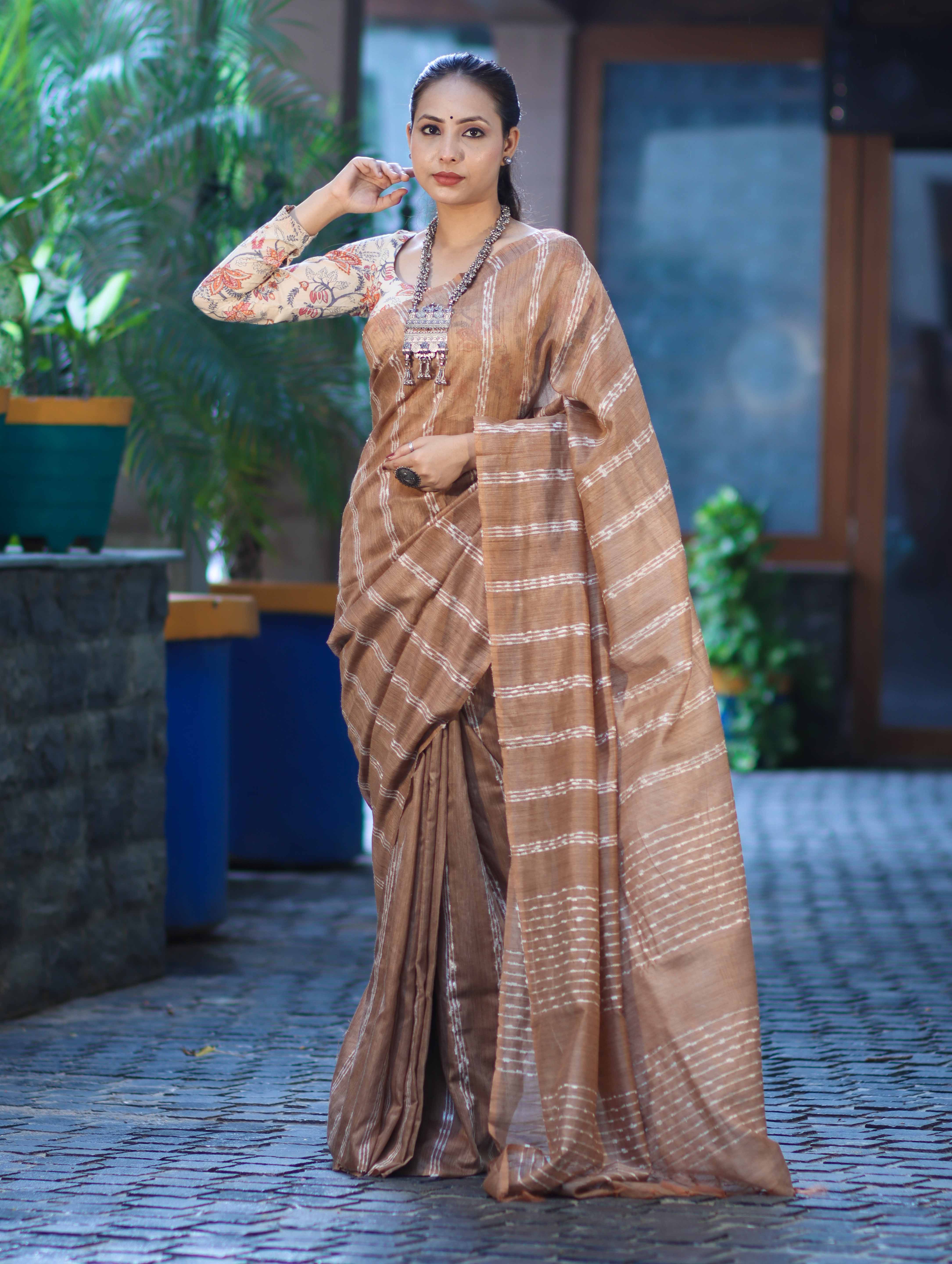 Bhagalpuri Handloom Cotton Silk Saree With Stripe Design-Light Brown