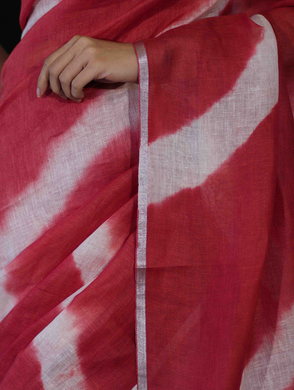 Bhagalpuri Handloom Pure Linen Cotton Hand Dyed Saree With Silver Zari Border-Red & White