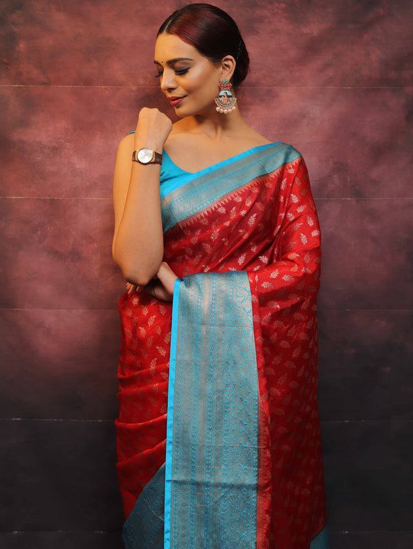 Banarasee Handwoven Semi Silk Saree With Zari & Contrast Border-Red & Blue