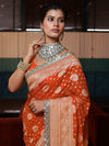 Banarasee Pure Chiffon Saree With Gold Zari Buti Design Border & Lace-Orange