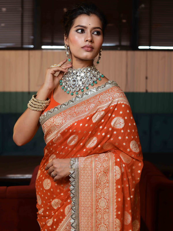 Banarasee Pure Chiffon Saree With Gold Zari Buti Design Border & Lace-Orange