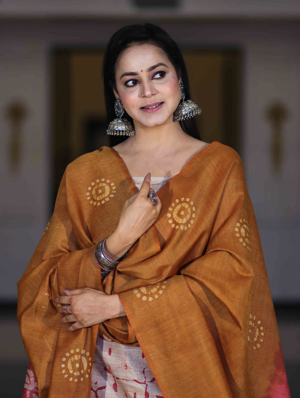 Pure Handloom Khadi Cotton Hand-Dyed Batik Pattern Salwar Kameez Dupatta Set-Dark Mustard & Pink