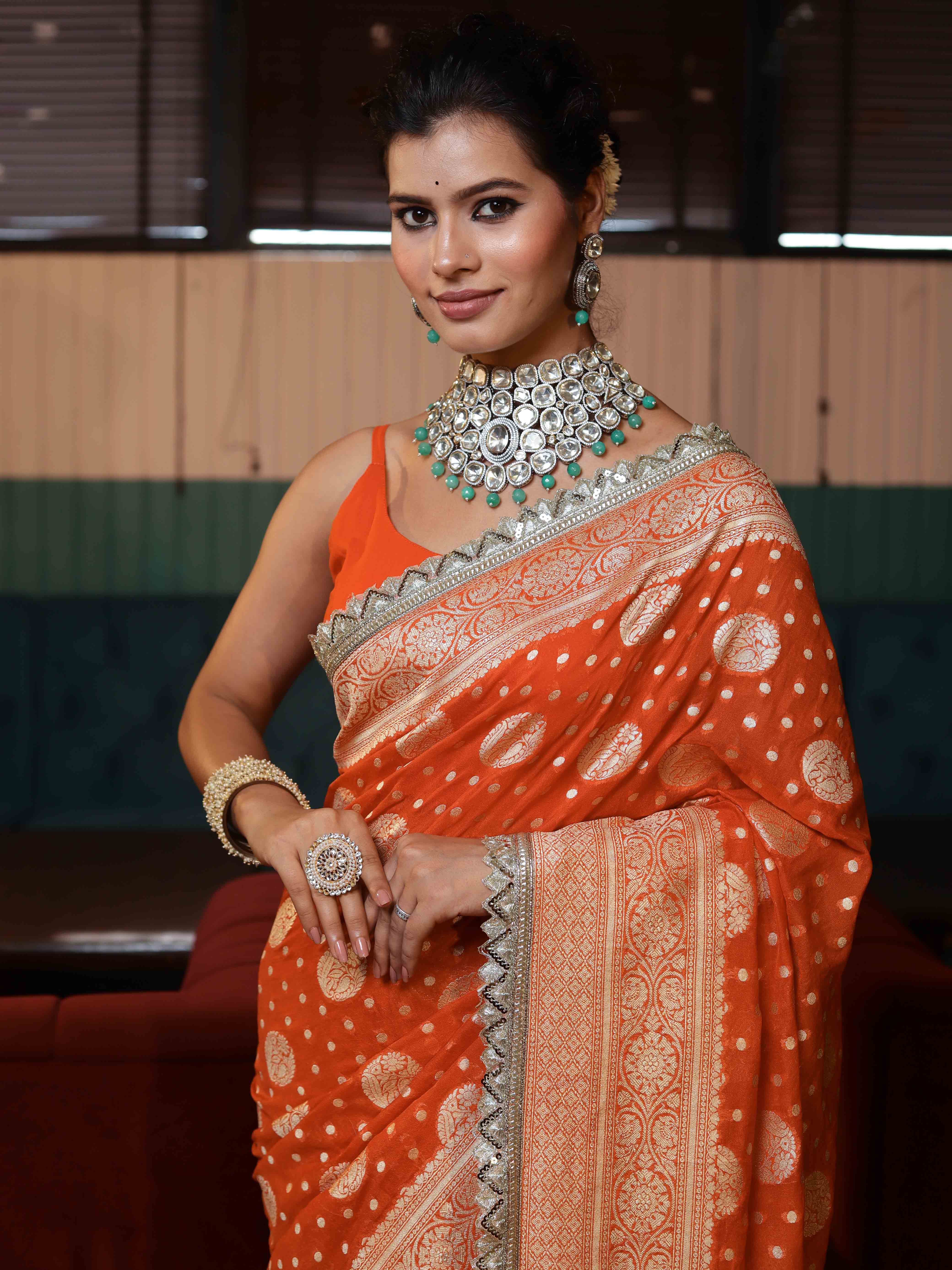 Banarasee Pure Chiffon Saree With Gold Zari Buti Design Border & Lace-Orange