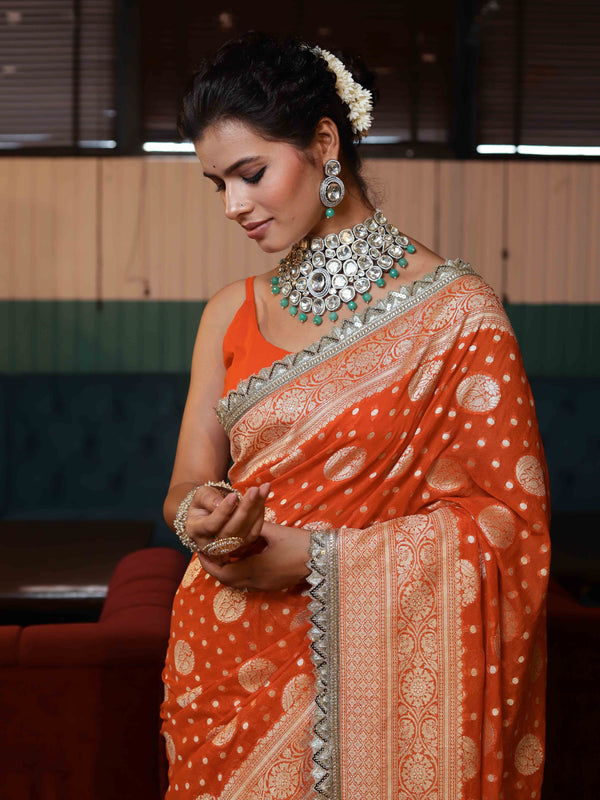 Banarasee Pure Chiffon Saree With Gold Zari Buti Design Border & Lace-Orange